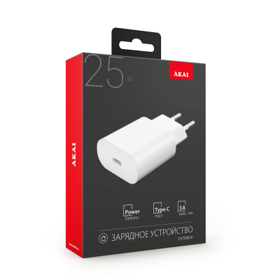 СЗУ AKAI CH-6A25 универсальное 1Type-C,PD 25Вт, 5В/3A, 9В/2.77А, белый