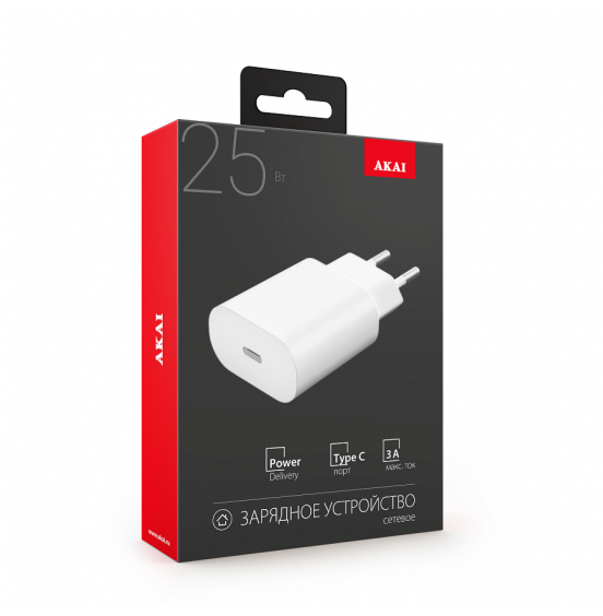 СЗУ AKAI CH-6A25 универсальное 1Type-C,PD 25Вт, 5В/3A, 9В/2.77А, белый