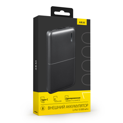 Внешний аккумулятор Akai BE-10001B, 10 000 maH, порт Type-C черный