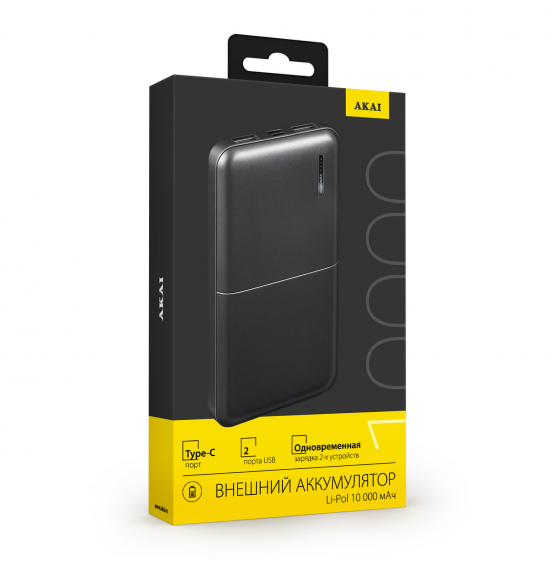 Внешний аккумулятор Akai BE-10001B, 10 000 maH, порт Type-C черный
