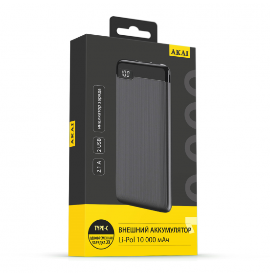 Внешний аккумулятор Akai BE-10002, 10 000 maH, черный Внешний аккумулятор Akai BE-10002, 10 000 maH, черный