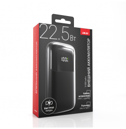 Внешний аккумулятор Akai BE-10011PD, 9000 мАч,22.5Вт, QC/PD, 2xUSB/Type C, 2 кабеля, дисплей, черный