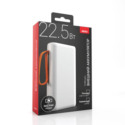 Внешний аккумулятор Akai BE-10013PD, 9000 мАч,22.5Вт, QC/PD, USB/Type C/microUSB, дисплей, белый