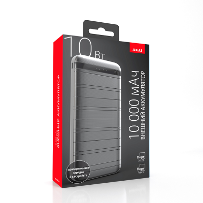 Внешний аккумулятор Akai BE-10015DGr, 10 000 maH, Type-C/micro-USB/2xUSB-A, темно-серый