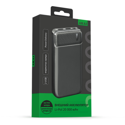 Внешний аккумулятор Akai BE-20007 PD, 20 000 maH, черный 