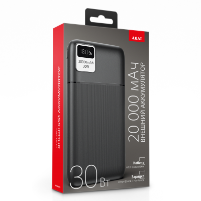 Внешний аккумулятор Akai  BE-20317 PD, 30 Вт, 20 000 maH, черный 