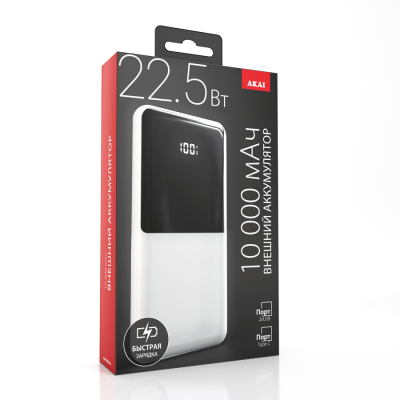 Внешний аккумулятор Akai BE-10008PD, 10000 мАч,22.5Вт, QC/PD, 2xUSB/Type C, дисплей, белый