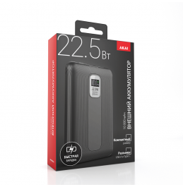 Внешний аккумулятор Akai BE-10009PD, 10000 мАч,22.5Вт, QC/PD, USB-A/Type C, дисплей, черный