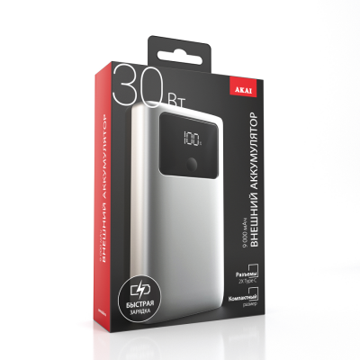 Внешний аккумулятор Akai BE-10012PD, 9000 мАч,30Вт, QC/PD, 2хType C, дисплей, серый