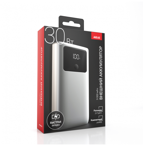 Внешний аккумулятор Akai BE-10012PD, 9000 мАч,30Вт, QC/PD, 2хType C, дисплей, серый Внешний аккумулятор Akai BE-10012PD, 9000 мАч,30Вт, QC/PD, 2хType C, дисплей, серый