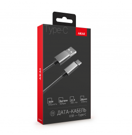 Дата-кабель Akai CE-442S разъем Type C 1м оплетка металл серебряный