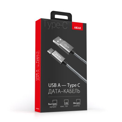 Дата-кабель Akai CE-444S разъем Type C, 3А, 1м оплетка металл серебристый