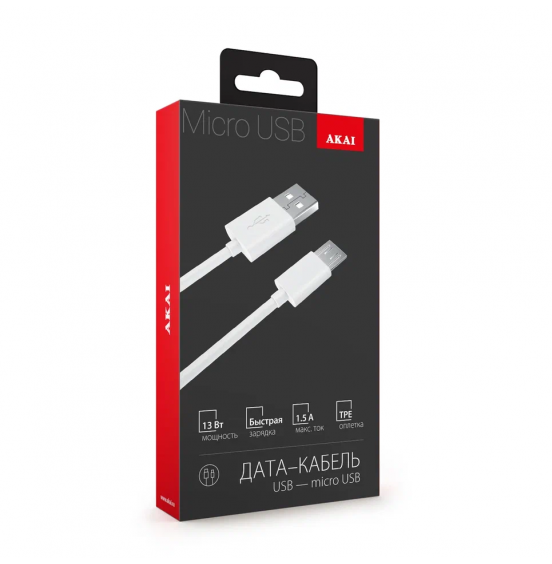 Дата-кабель AKAI CE-453W, microUSB, 1м, 1,5А, белый