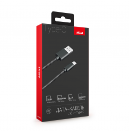 Дата-кабель AKAI CE-463B, Type C, 1м, 2,1А, нейлон, черный