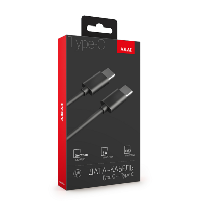 Дата-кабель AKAI CE-481Bk, Type C- Type С , 1м, 60Вт, PVC , черный