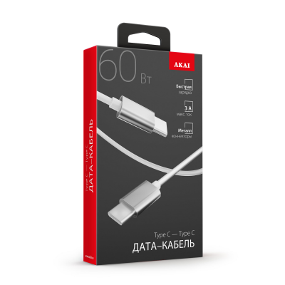 Дата-кабель AKAI CE-469W, Type C- Type С , 1,2м, 3А, TPE , белый