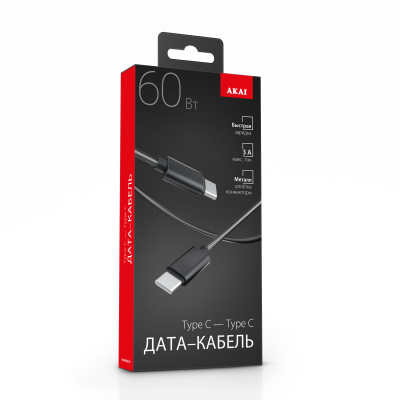 Дата-кабель Akai CE-478 Type C - Type C, 1,2м, 60Вт, металл, черный