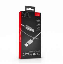 Дата-кабель Akai CE-478 Type C - Type C, 1,2м, 60Вт, металл, серебристый