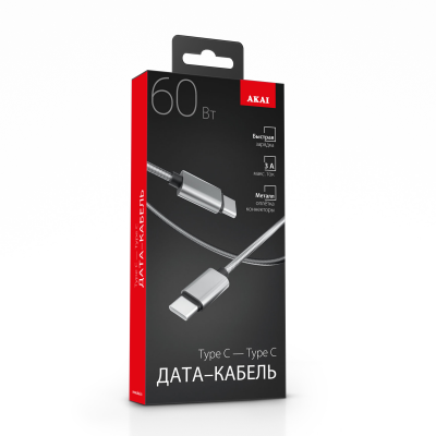 Дата-кабель Akai CE-478 Type C - Type C, 1,2м, 60Вт, металл, серебристый
