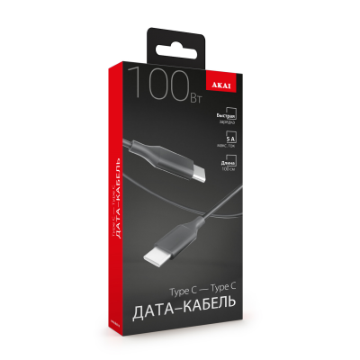 Дата-кабель Akai CE-479 Type C - Type C, 1м, 100Вт, USB 2.0, черный