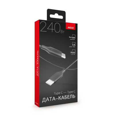 Дата-кабель Akai CE-480 Type C - Type C, 1,2м, 240Вт, USB 2.0, черный