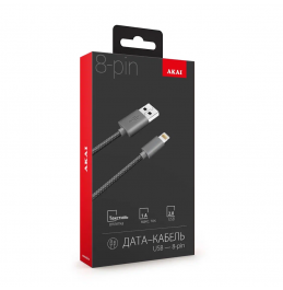 Дата-кабель Akai CE-608 USB A - 8-pin, 1A, 1 метр, текстиль, черный