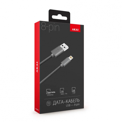 Дата-кабель Akai CE-608 USB A - 8-pin, 1A, 1 метр, текстиль, черный