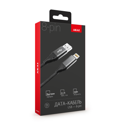Дата-кабель Akai CE-610 USB A- Lightning, 1м, 2.1А, текстиль, черный