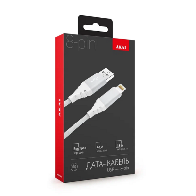 Дата-кабель Akai CE-610 USB A- Lightning, 1м, 2.1А, текстиль, белый (Type C)