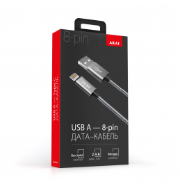 Дата-кабель Akai CE-616S разъем 8-pin Apple Lightning, 2,4А, 1м оплетка металл серебристый