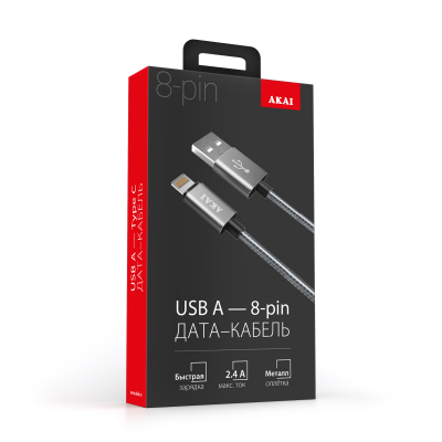 Дата-кабель Akai CE-616S разъем 8-pin Apple Lightning, 2,4А, 1м оплетка металл серебристый