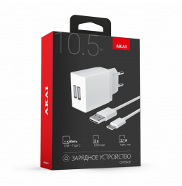 СЗУ AKAI CH-6A09 универсальное 2 USB 2.1A + дата-кабель Type C, белый    