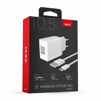 СЗУ AKAI CH-6A09 универсальное 2 USB 2.1A + дата-кабель Type C, белый    