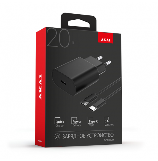 СЗУ AKAI CH-6A12 универсальное 1xType-C,PD 20Вт + кабель Type C - Type C 60Вт, черный