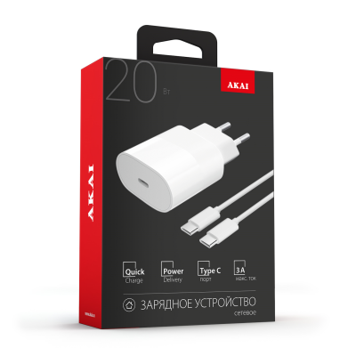СЗУ AKAI CH-6A12 универсальное 1xType-C,PD 20Вт + кабель Type C - Type C 60Вт, белый