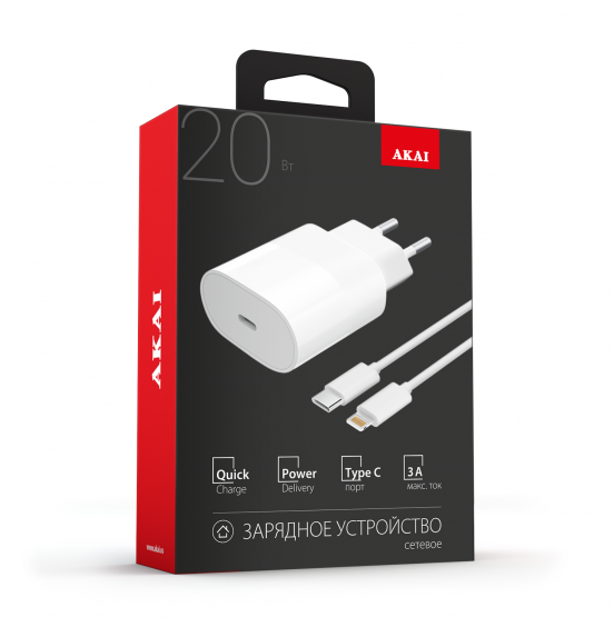 СЗУ AKAI CH-6A13 универсальное 1xType-C,PD 20Вт + кабель Type C - 8Pin 20Вт, белый