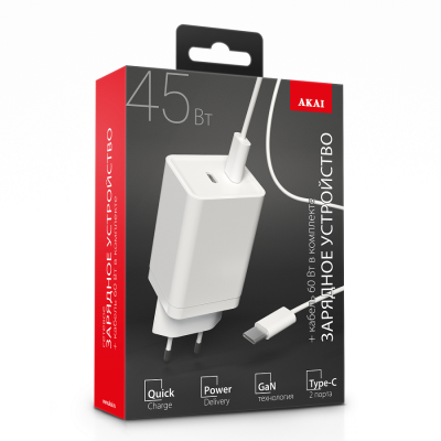 СЗУ AKAI CH-6A28 универсальное 2xType-C,PD, GAN 45Вт + кабель Type C - Type C 60Вт, белый