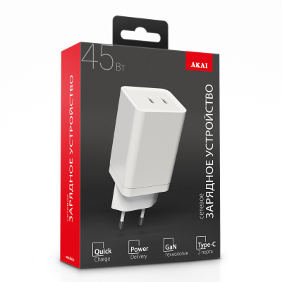 СЗУ AKAI CH-6A30 универсальное 2xType-C,PD, GAN 45Вт, белый