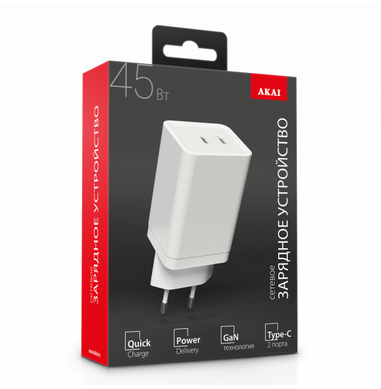 СЗУ AKAI CH-6A30 универсальное 2xType-C,PD, GAN 45Вт, белый