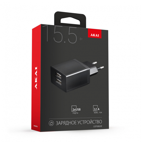 СЗУ AKAI CH-6C04B универсальное 2 USB 3.1A черный