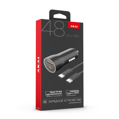 АЗУ Akai CH-6D11 48 Вт (PD30Вт+QC18Вт), USB A, Type C, черный+ Кабель Type-C-Type-C, 60Вт