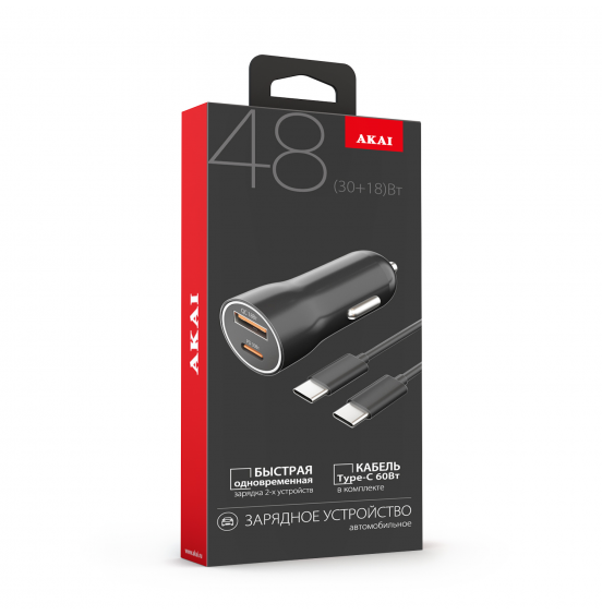 АЗУ Akai CH-6D11 48 Вт (PD30Вт+QC18Вт), USB A, Type C, черный+ Кабель Type-C-Type-C, 60Вт АЗУ Akai CH-6D11 48 Вт (PD30Вт+QC18Вт), USB A, Type C, черный+ Кабель Type-C-Type-C, 60Вт